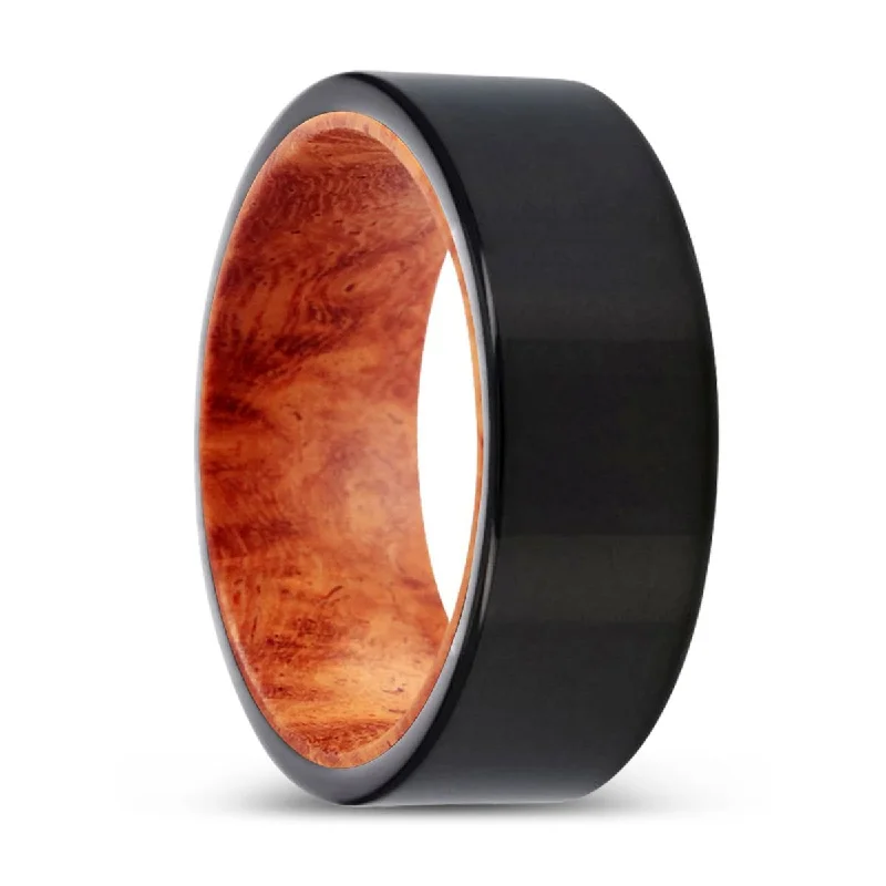 Women’s fashion engagement ring-HAWKES | Red Burl Wood, Black Tungsten Ring, Shiny, Flat