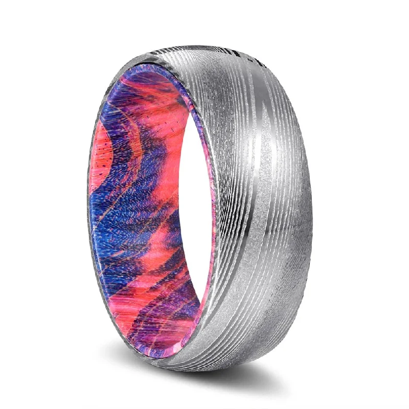 Women’s yellow gold wedding ring-BLUEHAWK | Blue and Red Wood, Silver Damascus Steel, Domed