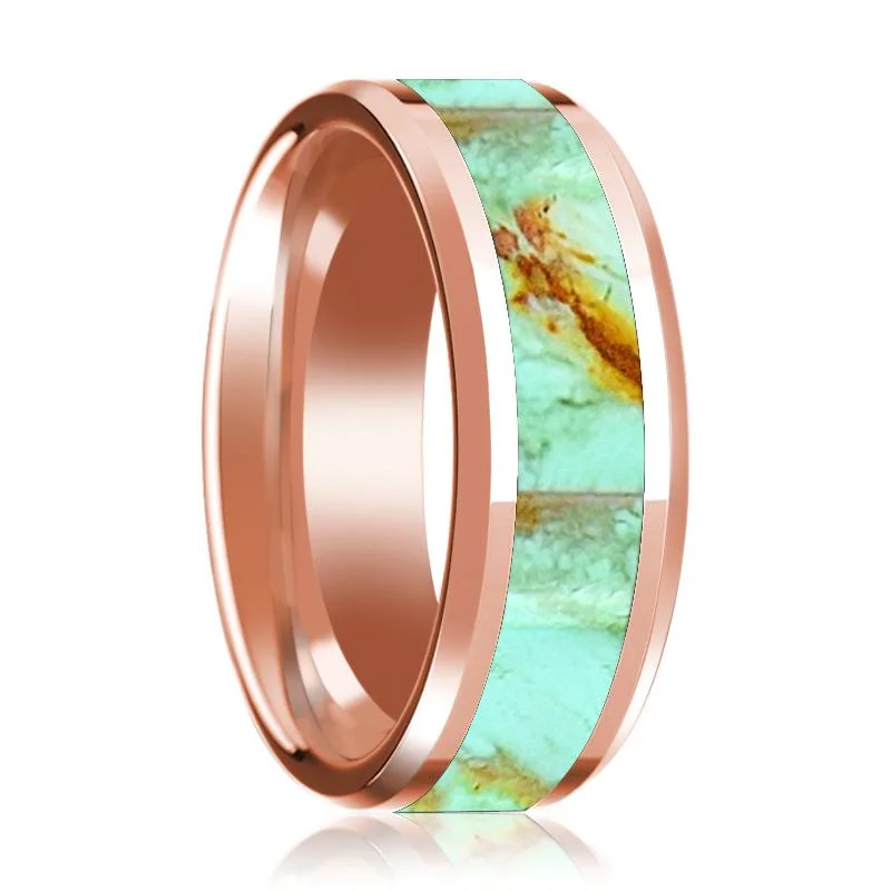 Women’s wedding ring with gemstones-Turquoise Stone Inlaid 14K Rose Gold Polished Wedding Band for Men with Beveled Edges - 8MM