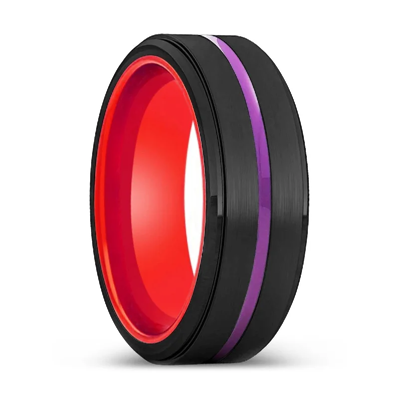 Women’s modern engagement ring-BENDIGO | Red Ring, Black Tungsten Ring, Purple Groove, Stepped Edge