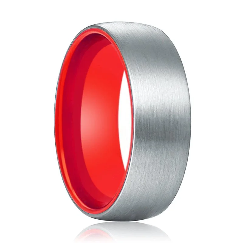 Women’s platinum engagement ring-NOBLE | Red Ring, Silver Tungsten Ring, Brushed, Domed