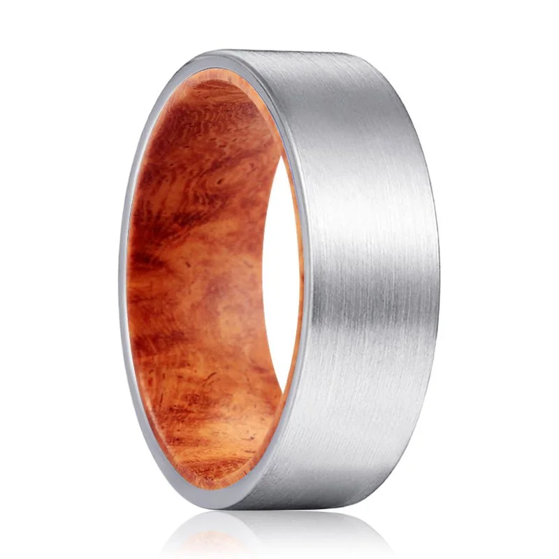 Women’s vintage engagement rings with a twist-KAPILA | Red Burl Wood, Silver Tungsten Ring, Brushed, Flat