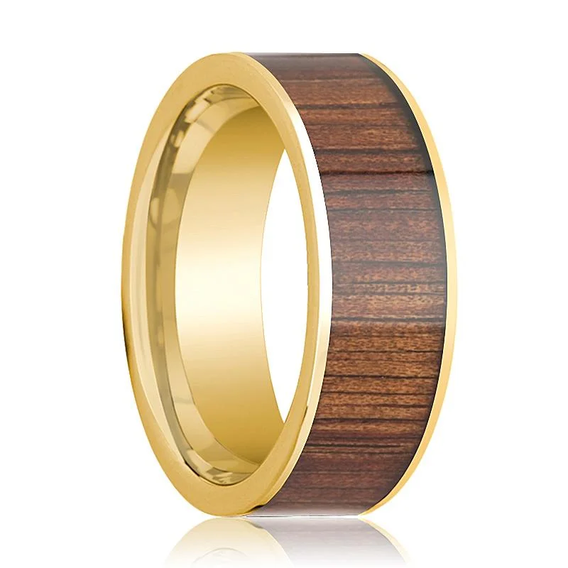 Women’s promise ring-Pipe Cut 14K Yellow Gold Flat Ring with Rare Koa Wood Inlay & Polished Edges