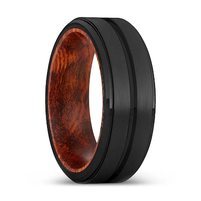 Women’s classic gold ring-ASHTON | Snake Wood, Black Tungsten Ring, Grooved, Stepped Edge