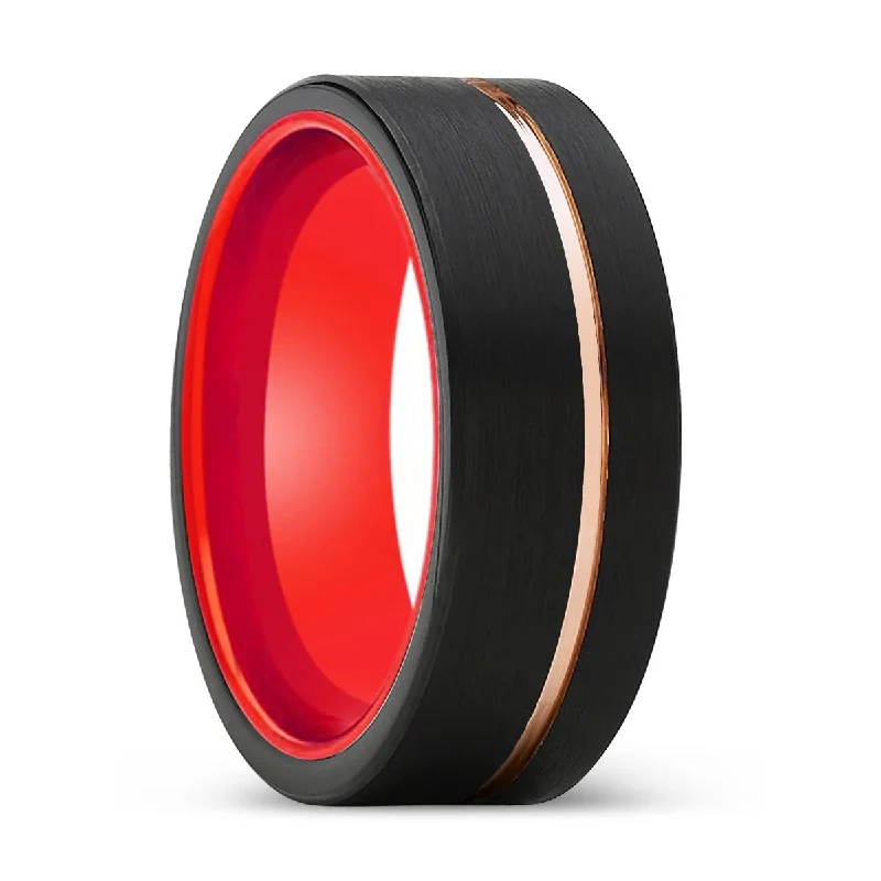 Women’s black diamond ring-VELVET | Red Ring, Black Tungsten Ring, Rose Gold Offset Groove, Brushed, Flat