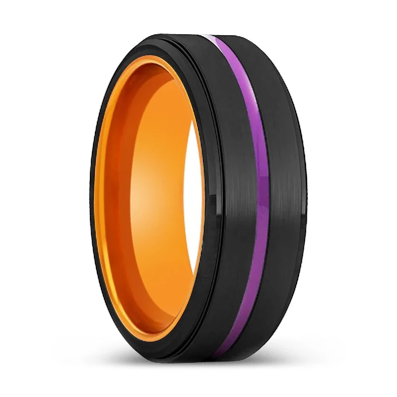 Women’s romantic engagement ring-HOBART | Orange Ring, Black Tungsten Ring, Purple Groove, Stepped Edge