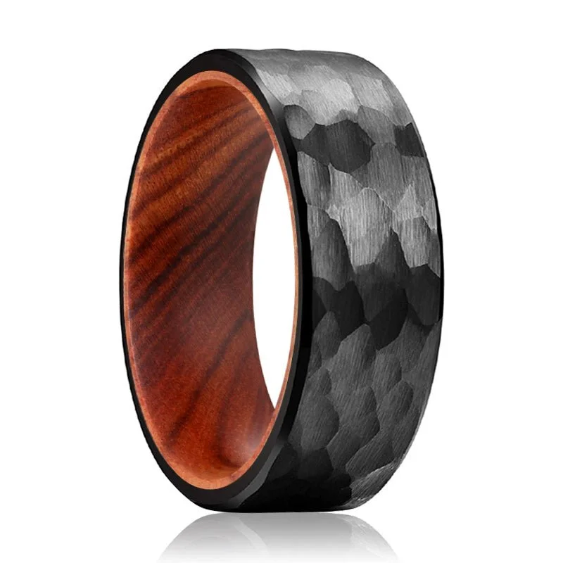 Women’s silver engagement ring-IMPERIAL | IRON Wood, Black Tungsten Ring, Hammered, Flat