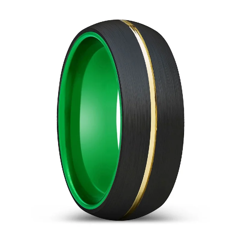 Women’s gemstone wedding ring-KAZIMIR | Green Ring, Black Tungsten Ring, Gold Groove, Domed