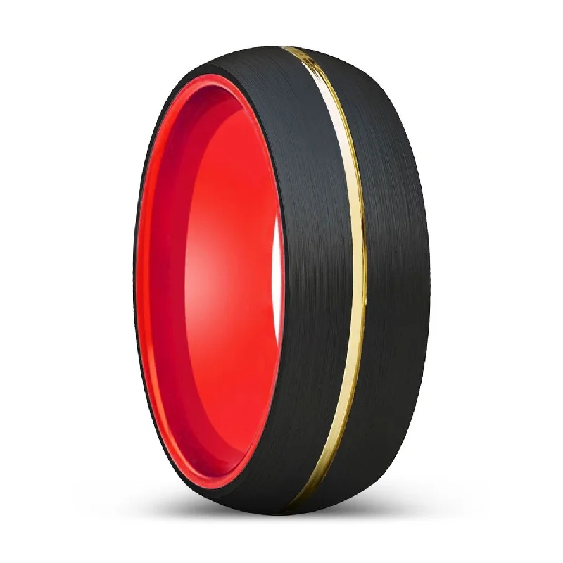 Women’s unique diamond ring-RADOVAN | Red Ring, Black Tungsten Ring, Gold Groove, Domed