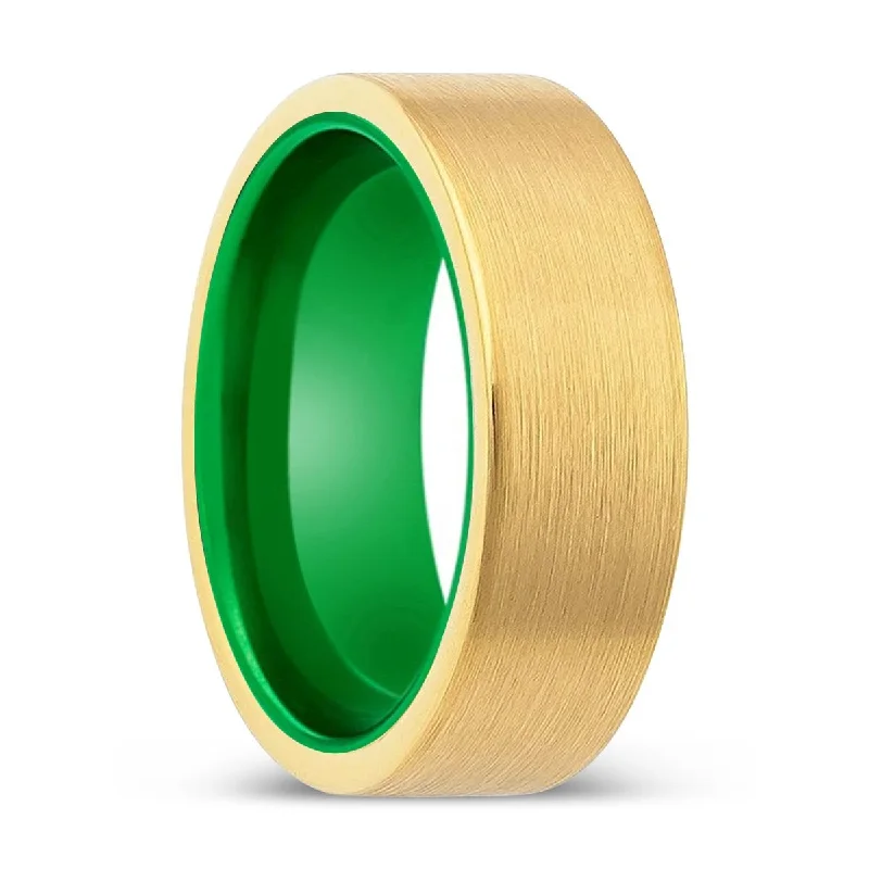 Women’s elegant sapphire ring-WELLSPRING | Green Ring, Gold Tungsten Ring, Brushed, Flat