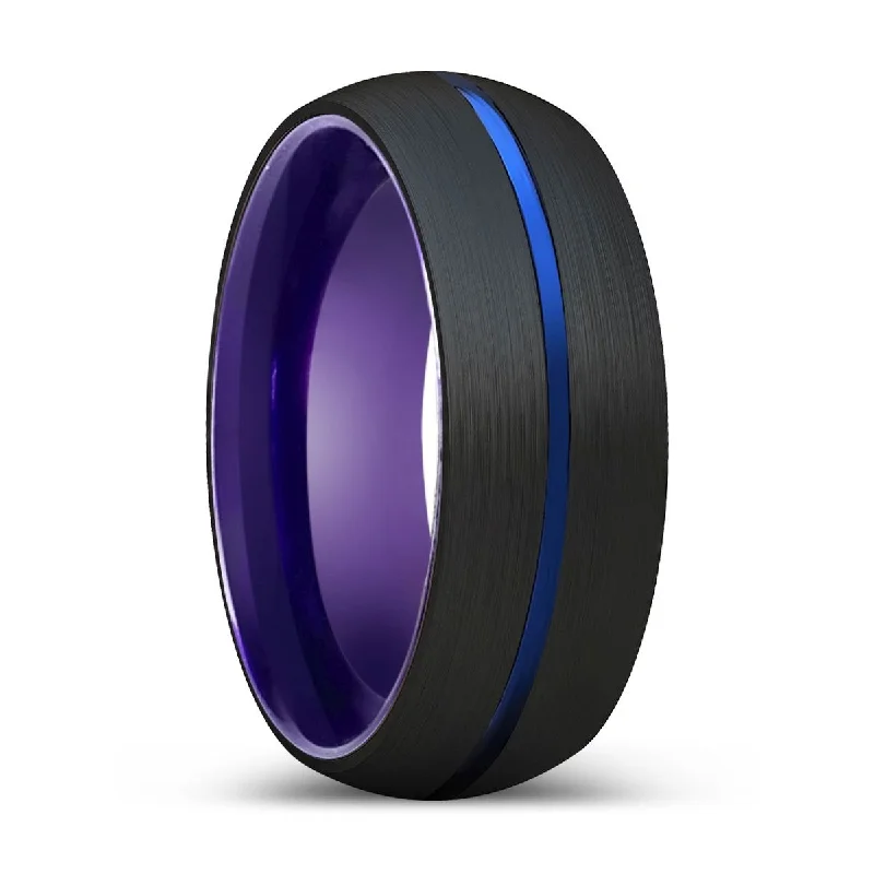 Women’s wedding ring for men-ERALDO | Purple Ring, Black Tungsten Ring, Blue Groove, Domed