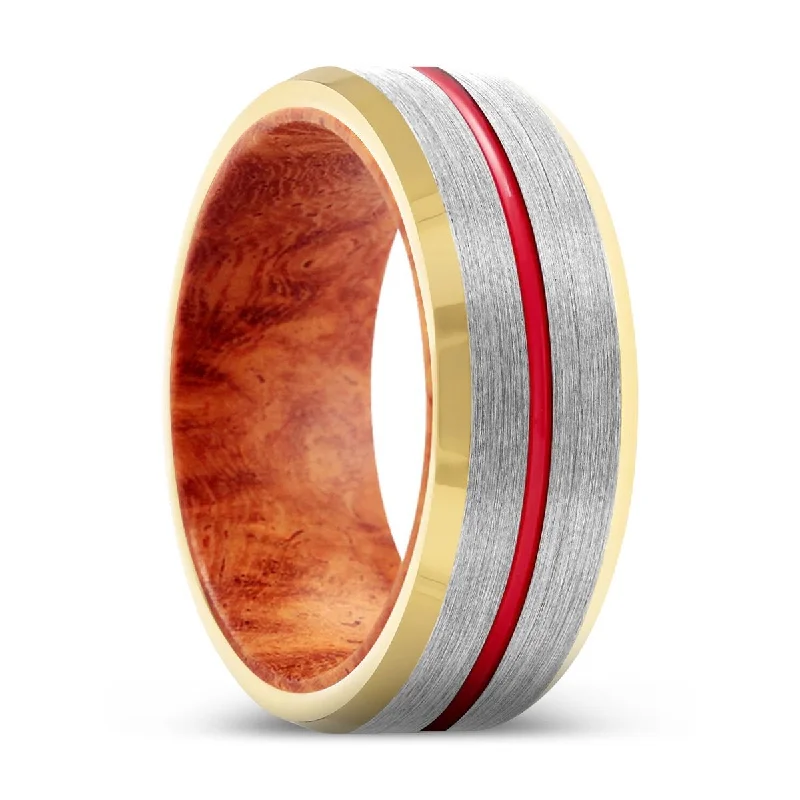 Women’s floral engagement ring-BEDROCK | Red Burl Wood, Silver Tungsten Ring, Red Groove, Gold Beveled Edge