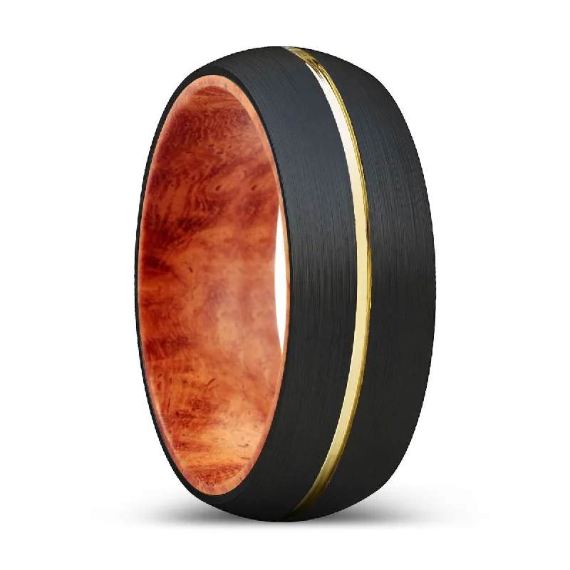 Women’s engagement ring with white diamonds-ALSOS | Red Burl Wood, Black Tungsten Ring, Gold Groove, Domed