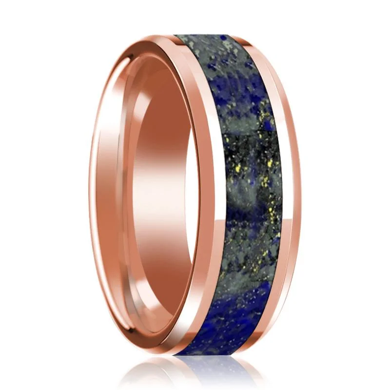 Women’s wedding ring with halo-14K Rose Gold Men's Wedding Band With Lapis Inlay & Beveled Edges