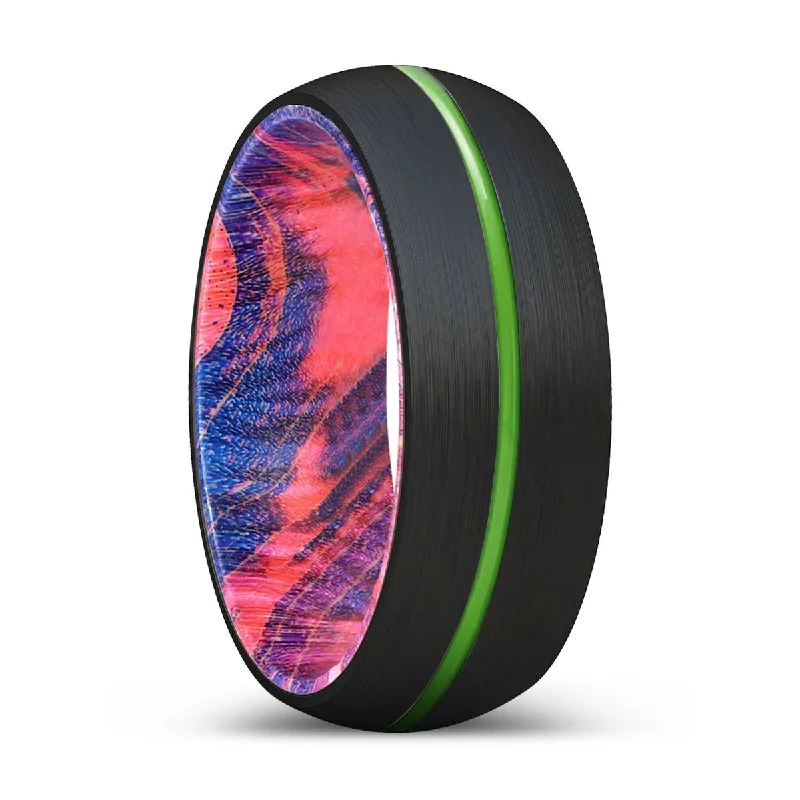 Women’s trendy platinum rings-PLUNGE | Blue & Red Wood, Black Tungsten Ring, Green Groove, Domed