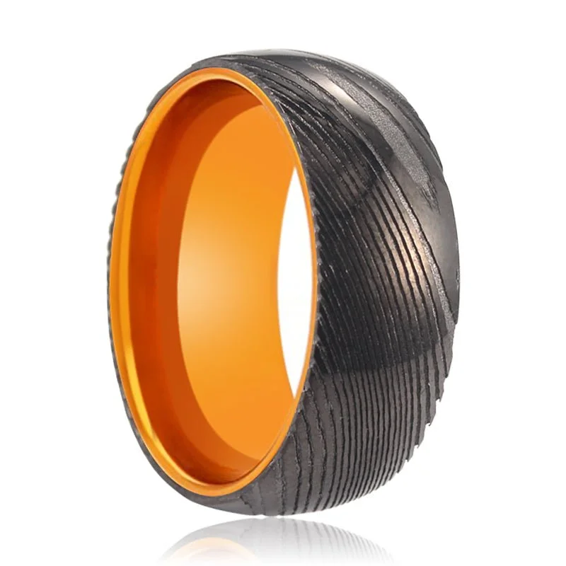 Women’s unique wedding ring-DAWN | Orange Ring, Gunmetal Damascus Steel Ring, Domed