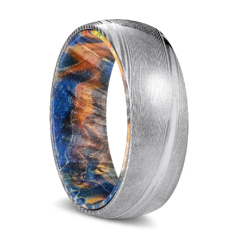 Women’s wedding ring set with diamonds-HYDE | Blue & Yellow/Orange Wood, Silver Damascus Steel, Domed