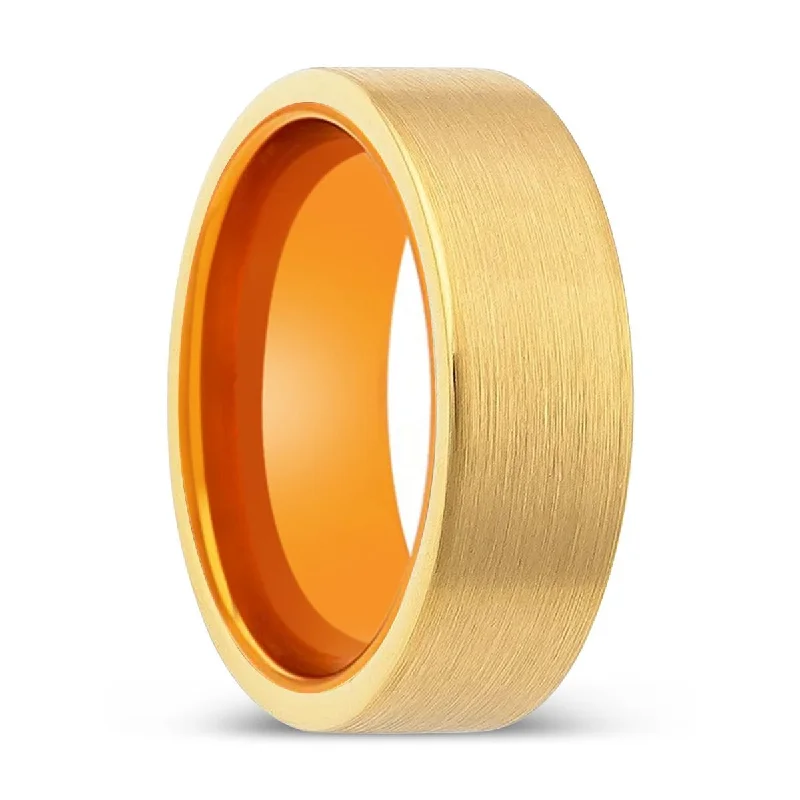 Women’s pear-shaped engagement ring-CAERLEON | Orange Ring, Gold Tungsten Ring, Brushed, Flat