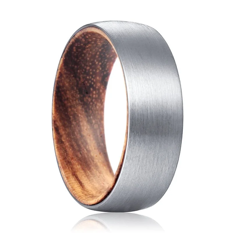 Women’s rose gold wedding ring-CARSON | Zebra Wood, Silver Tungsten Ring, Brushed, Domed