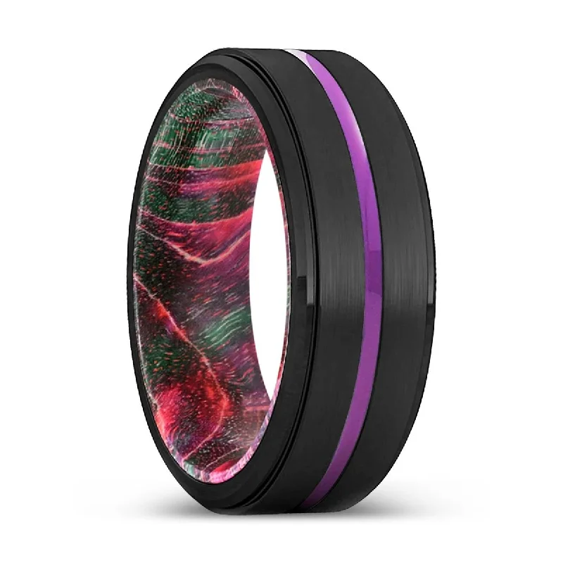 Women’s stackable rings-GLADSTON | Green & Red Wood, Black Tungsten Ring, Purple Groove, Stepped Edge