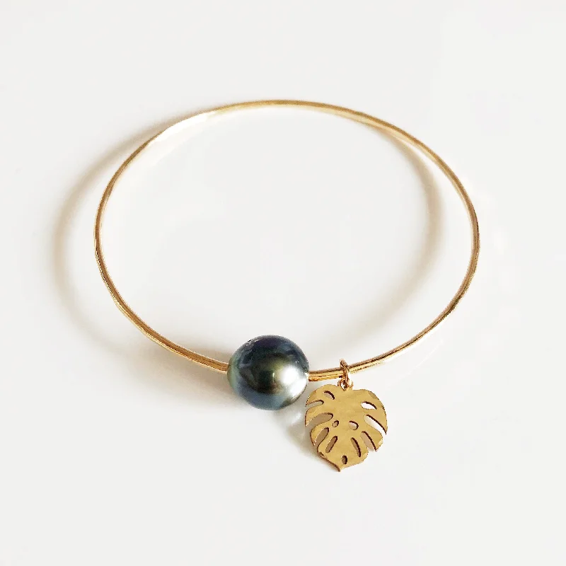 Women’s luxurious bracelet-Monstera bangle - tahitian pearl (B380)