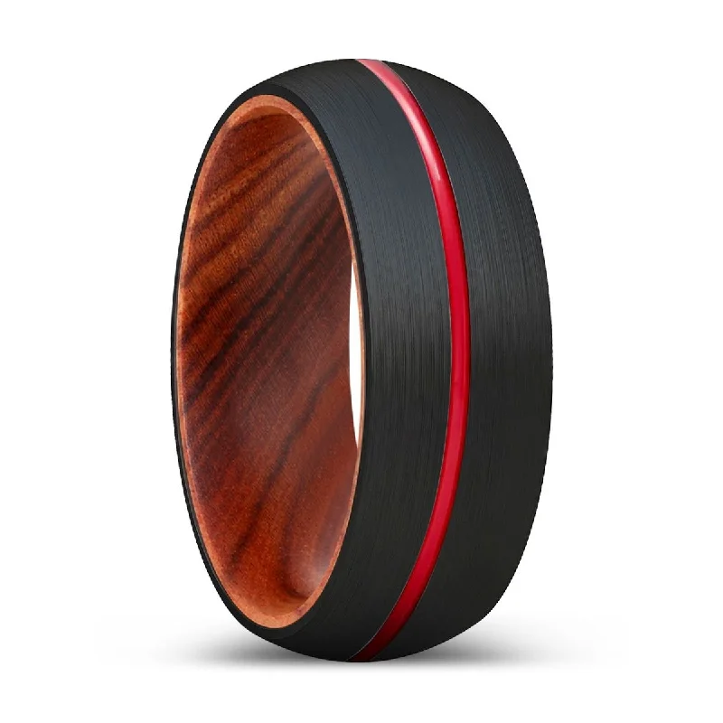 Women’s engagement rings with intricate details-MONGREL | IRON Wood, Black Tungsten Ring, Red Groove, Domed