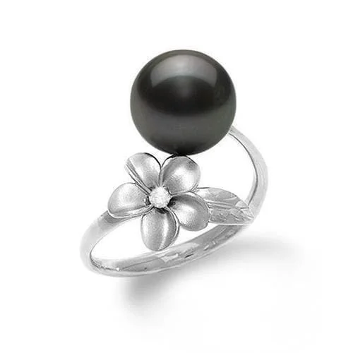 Women’s eternity band engagement rings-Plumeria Tahitian Black Pearl Ring in White Gold with Diamond - 10-11mm