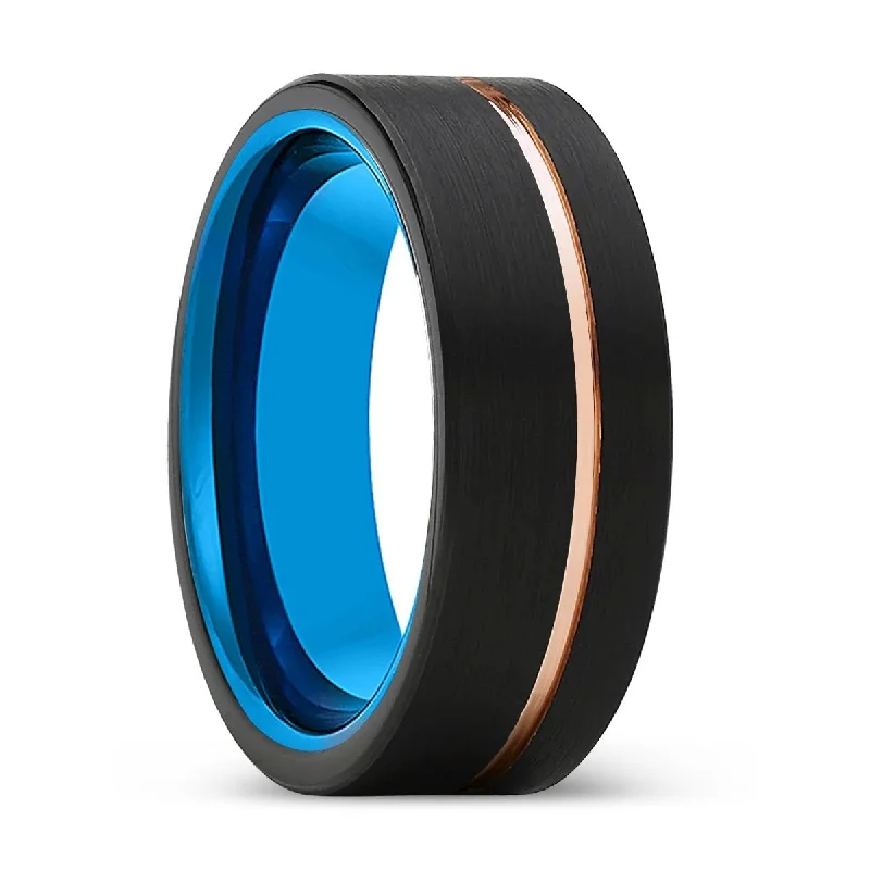 Women’s white gold ring-THORN | Blue Tungsten Ring, Black Tungsten Ring, Rose Gold Offset Groove, Brushed, Flat