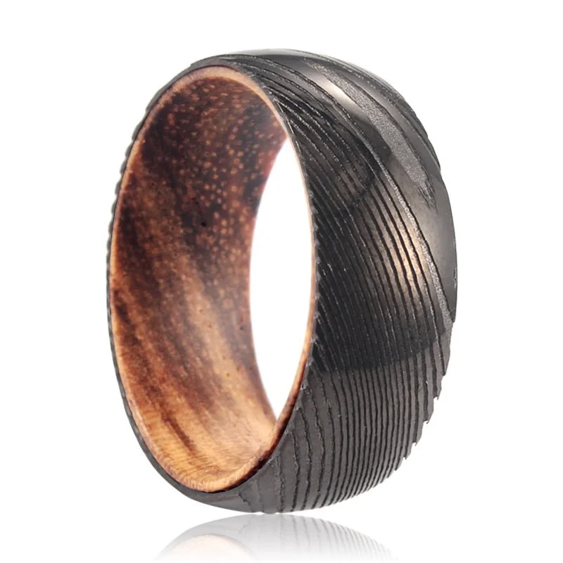 Women’s eternity band ring-NEWON | Zebra Wood, Gunmetal Damascus Steel Ring, Domed