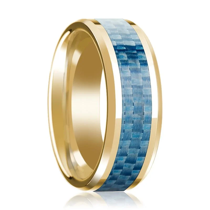 Women’s large gold ring-Beveled 14k Yellow Gold Wedding Band for Men with Blue Carbon Fiber Inlay & Polished Finish - 8MM