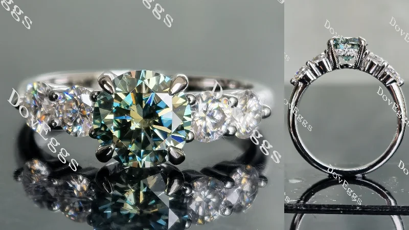 Women’s rose gold diamond engagement rings-Doveggs peacock blue round side stones moissanite engagement ring