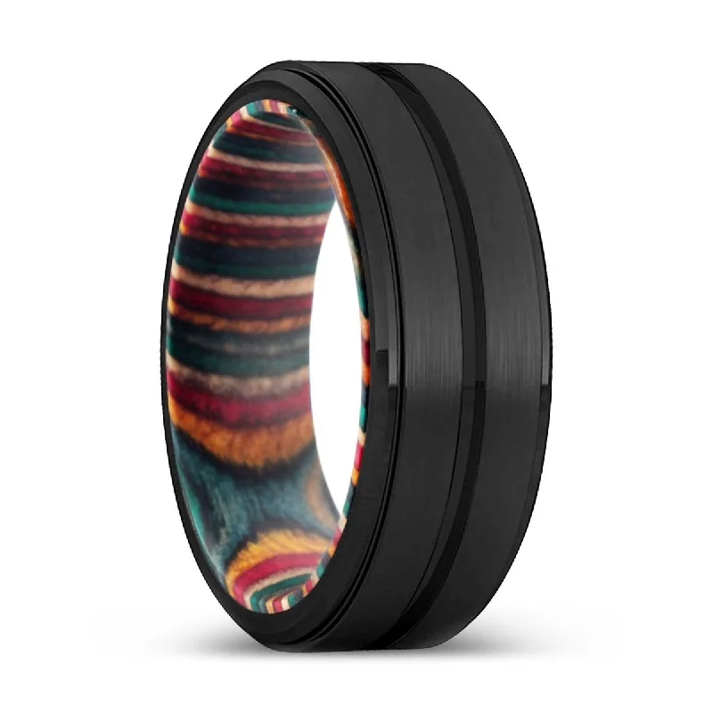 Women’s men’s engagement ring-LIVINGSTON | Multi Color Box Wood, Black Tungsten Ring, Grooved, Stepped Edge