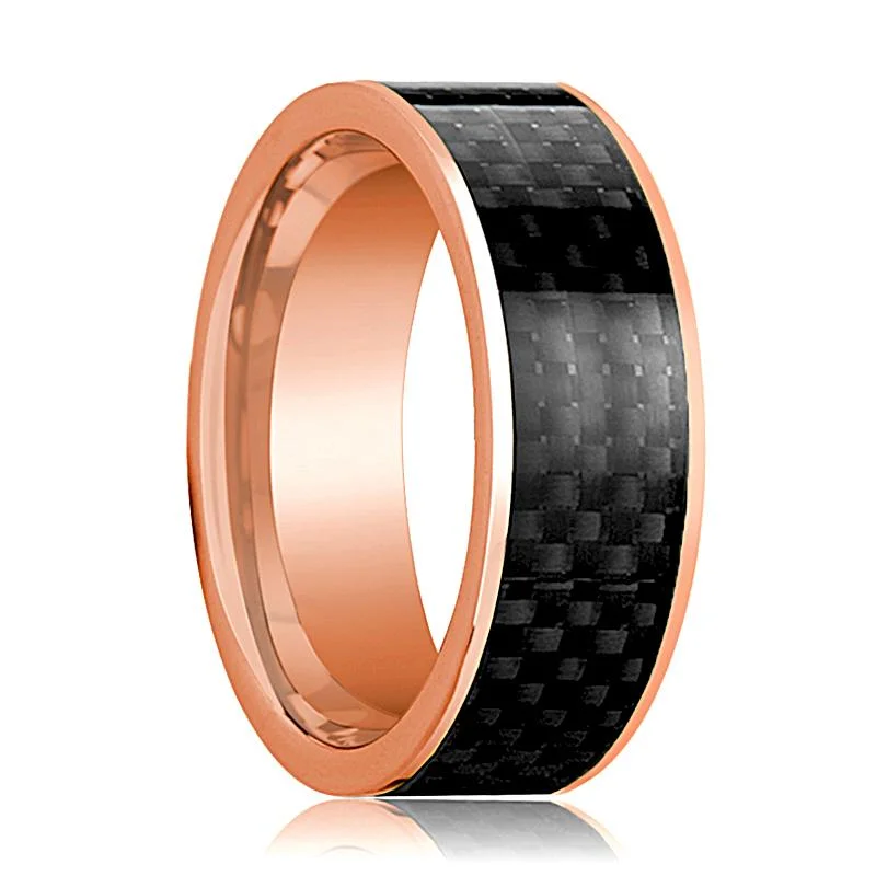 Women’s matching wedding bands-Men's 14k Rose Gold Flat Polished Wedding Band with Black Carbon Fiber Inlay