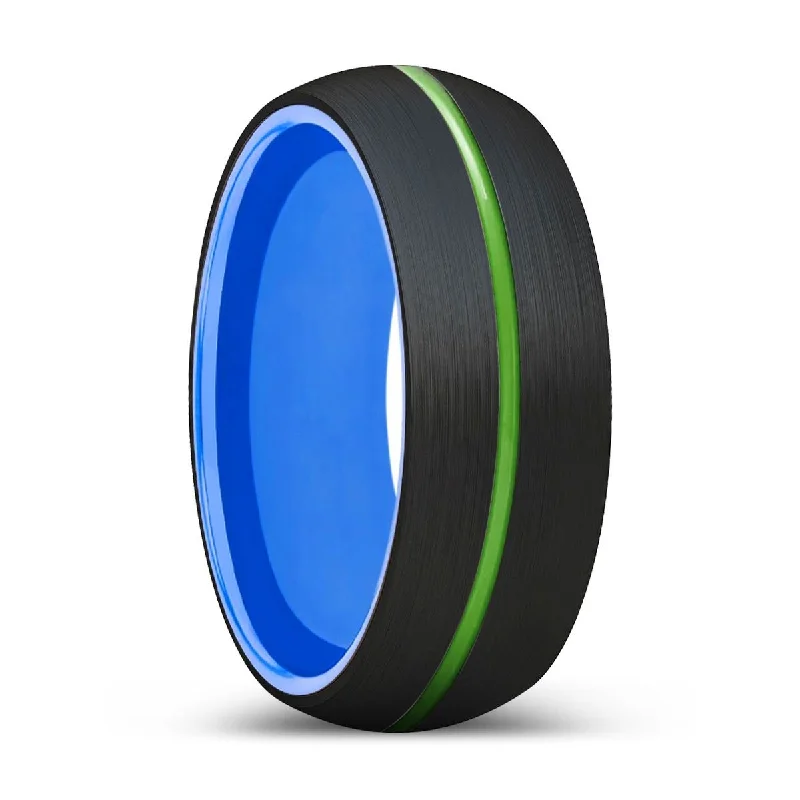 Women’s engagement rings with intricate details-TUMBLE | Blue Ring, Black Tungsten Ring, Green Groove, Domed