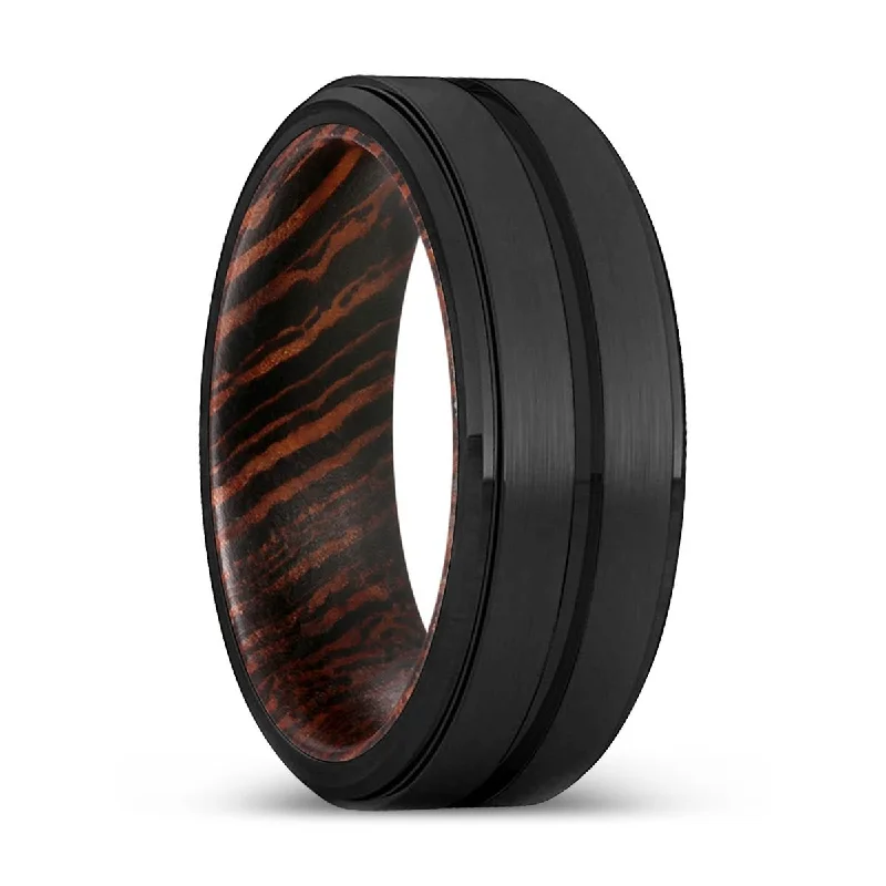 Women’s solitaire engagement ring-GATES | Wenge Wood, Black Tungsten Ring, Grooved, Stepped Edge