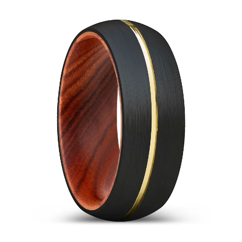 Women’s rose gold wedding ring-BOULEM | IRON Wood, Black Tungsten Ring, Gold Groove, Domed