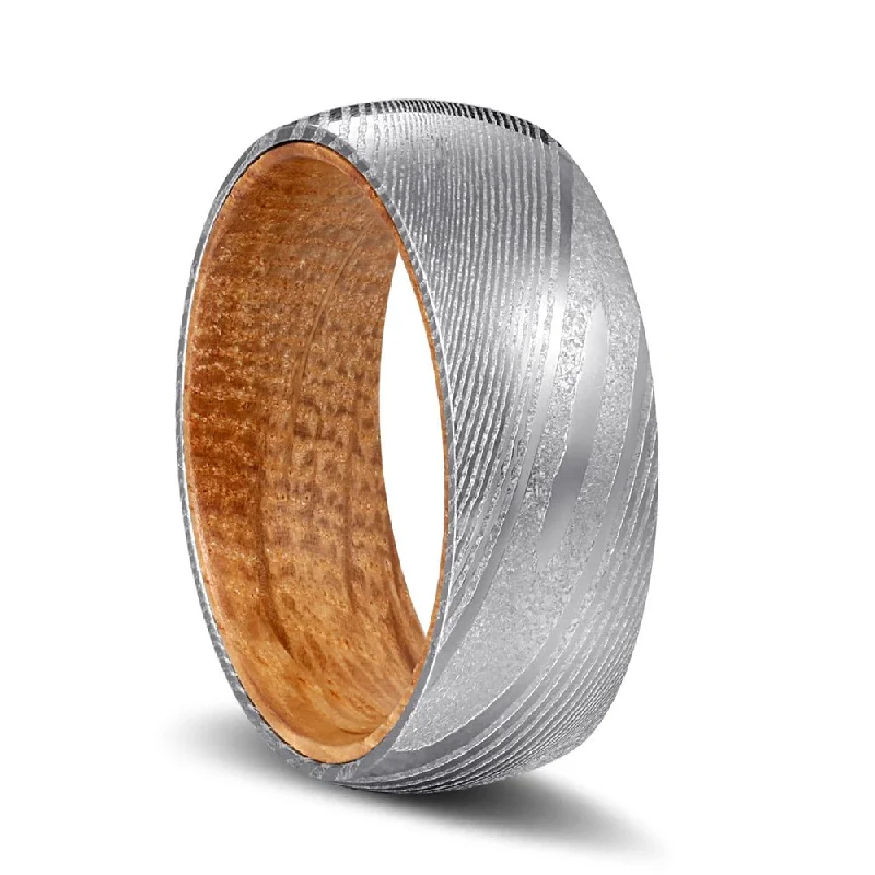 Women’s designer engagement rings-CHIVAS | Whiskey Barrel Wood, Silver Damascus Steel, Domed