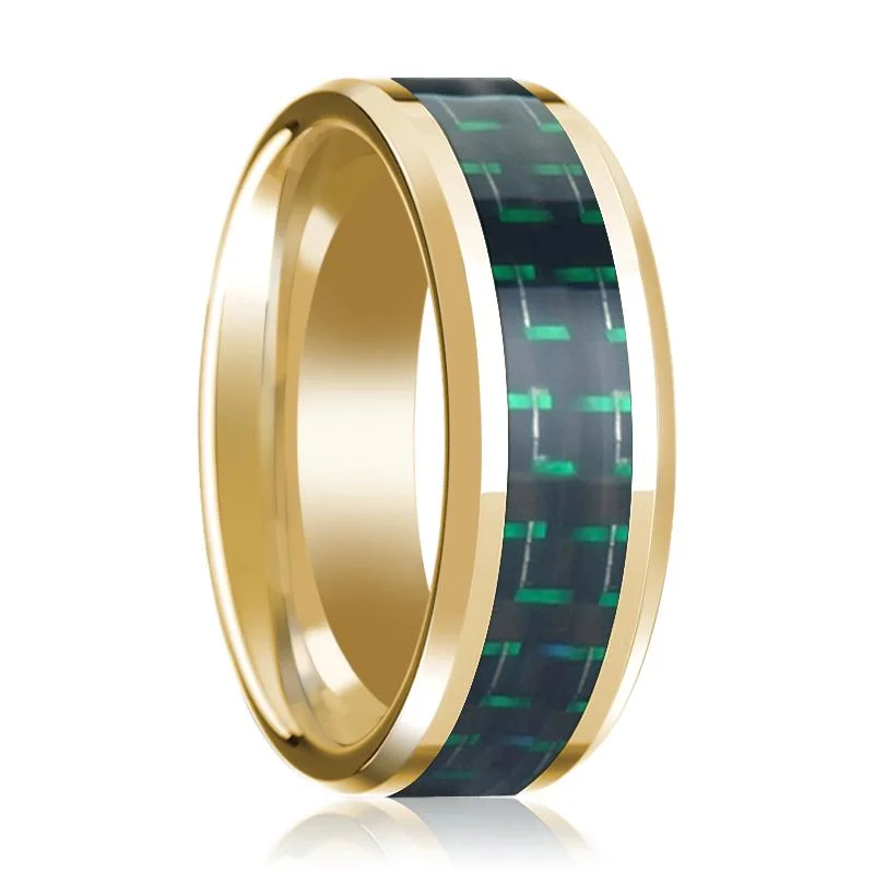 Women’s colorful engagement ring-Black & Green Carbon Fiber Inlaid 14k Yellow Gold Polished Wedding Band for Men with Bevels - 8MM