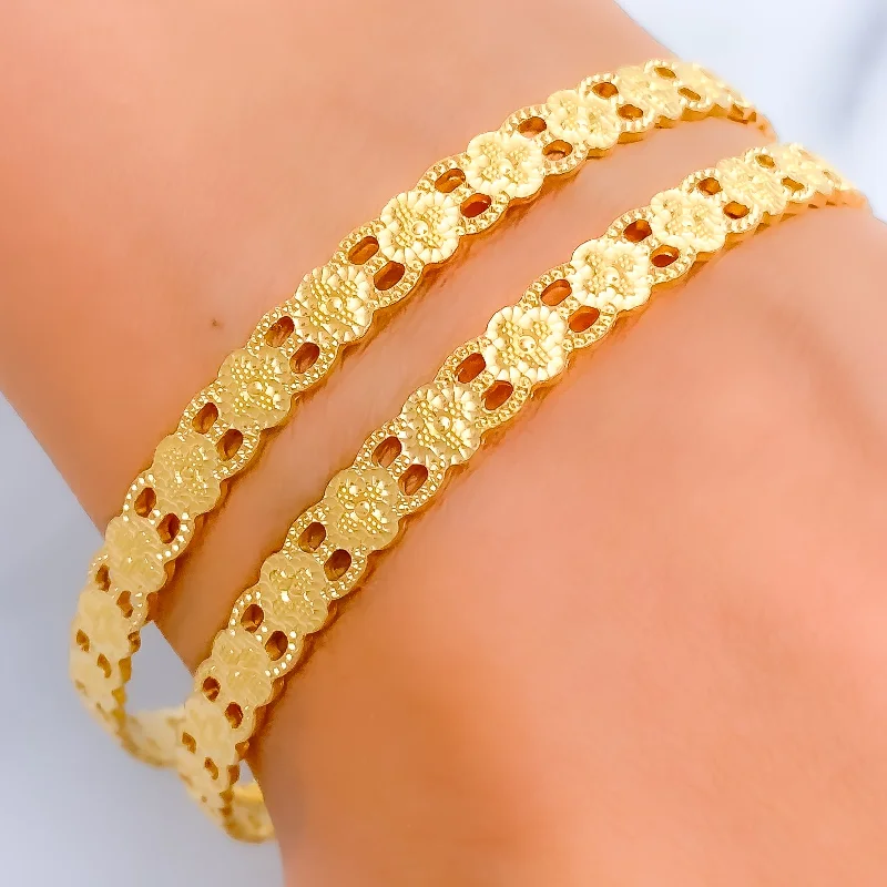 Women’s stackable bracelet-Luscious Radiant Floral 22k Gold Bangle Pair