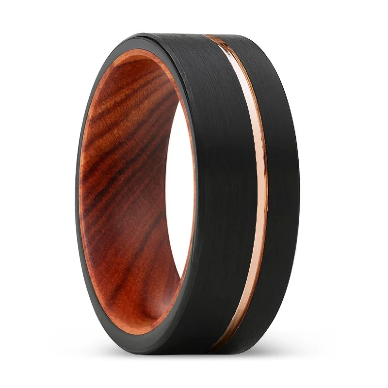 Women’s engagement rings for brides-TORPEDO | IRON Wood, Black Tungsten Ring, Rose Gold Offset Groove, Brushed, Flat