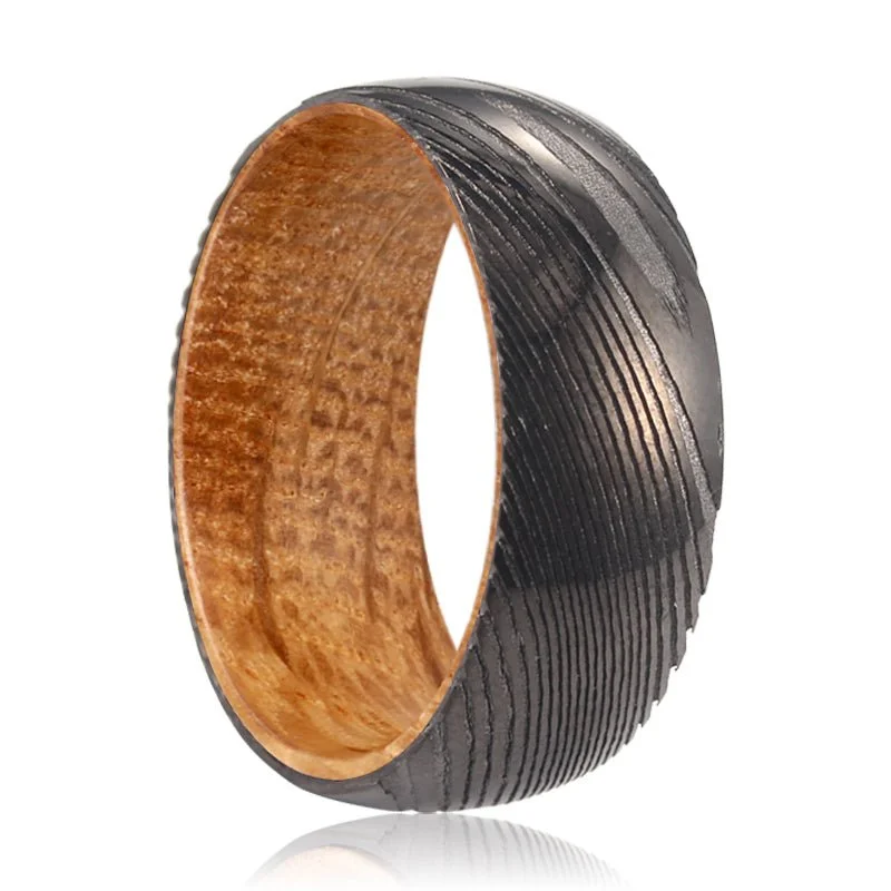 Women’s trendy gold rings-HARROD | Whiskey Barrel Wood, Gunmetal Damascus Steel Ring, Domed