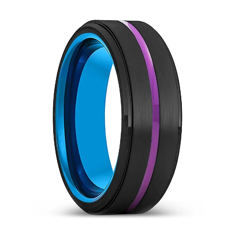 Women’s wedding ring with gemstones-ALBURY | Blue Tungsten Ring, Black Tungsten Ring, Purple Groove, Stepped Edge