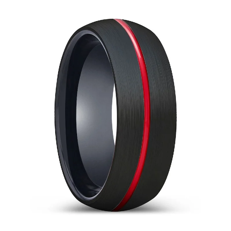 Women’s fashion engagement ring-VULTURE | Black Ring, Black Tungsten Ring, Red Groove, Domed