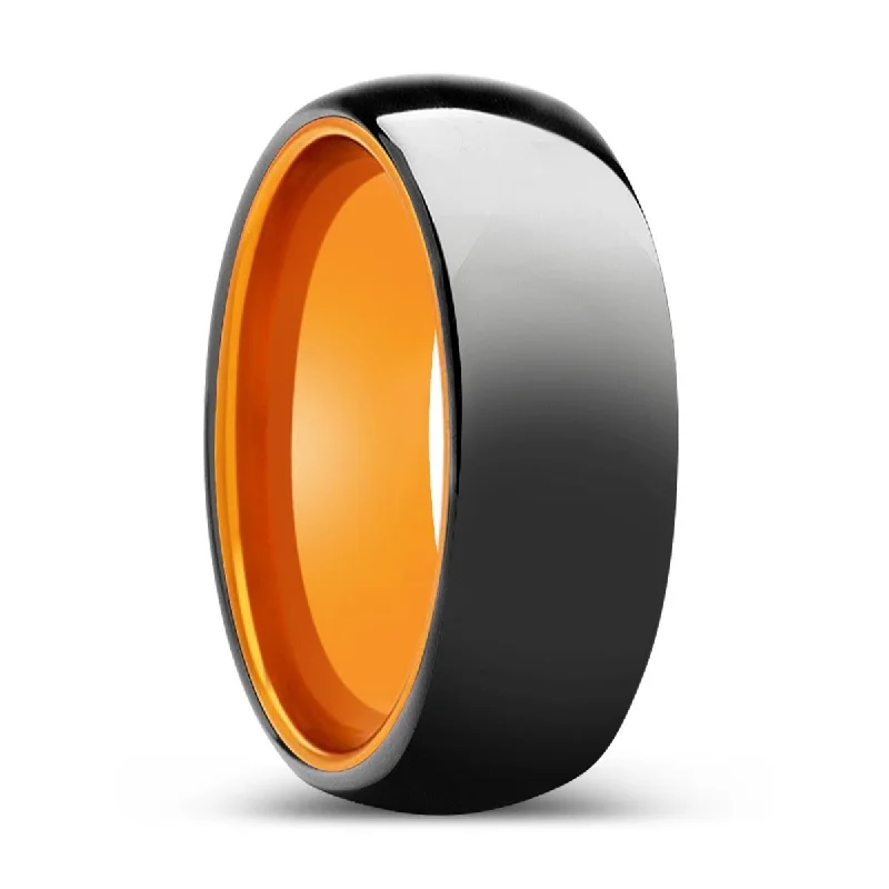 Women’s engagement ring with white diamonds-LYKAN | Orange Ring, Black Tungsten Ring, Shiny, Domed