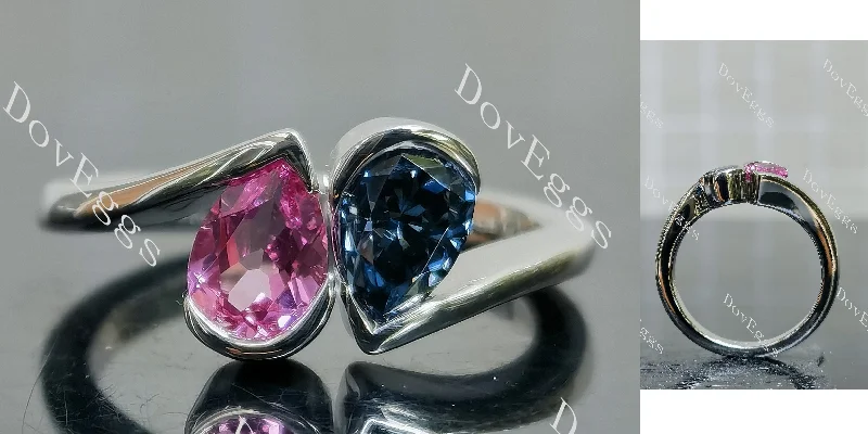 Women’s round brilliant engagement rings-Doveggs pear bezel two stones twilight blue moissanite & colored gem moissanite engagement ring