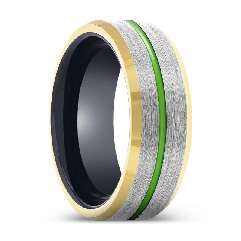 Women’s engagement ring with sapphire-SKYMAGE | Black Ring, Silver Tungsten Ring, Green Groove, Gold Beveled Edge