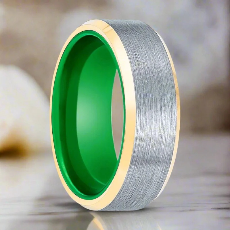 Women’s large diamond ring-ACES | Green Ring, Brushed, Silver Tungsten Ring, Gold Beveled Edges