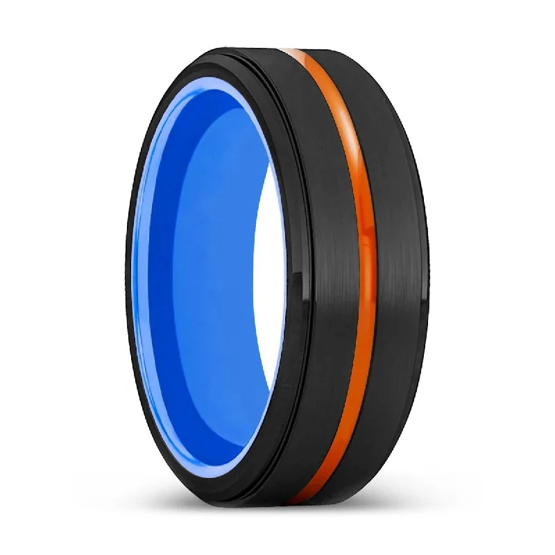 Women’s wedding band for her-KILLEEN | Blue Ring, Black Tungsten Ring, Orange Groove, Stepped Edge