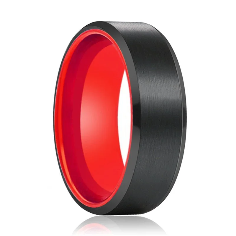 Women’s floral design engagement ring-NEWT | Red Ring, Black Tungsten Ring, Brushed, Beveled