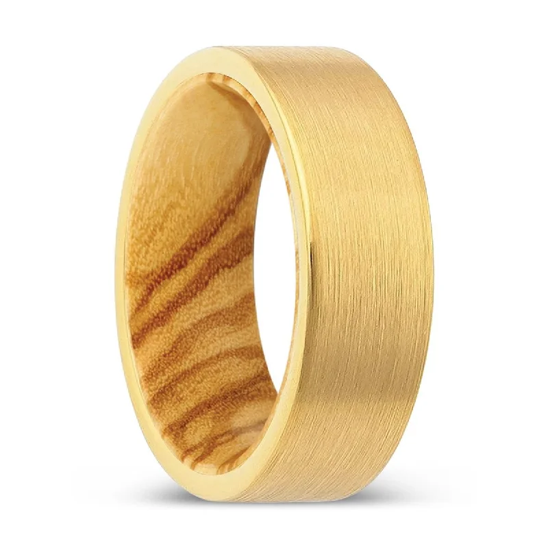 Women’s elegant diamond ring-ORCHARD | Olive Wood, Gold Tungsten Ring, Brushed, Flat